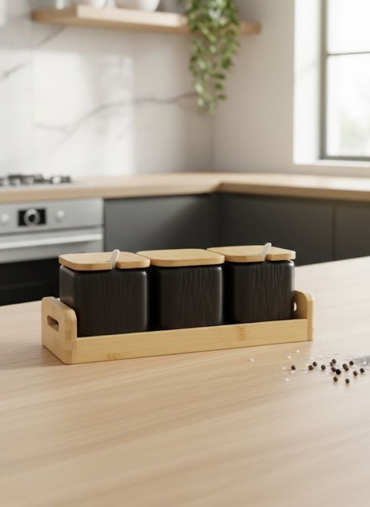 Premium Dark Grey Ceramic Condiment Jars with Bamboo Tray – 3 Pcs Modern Spice Storage Set with Spoons - Image 2